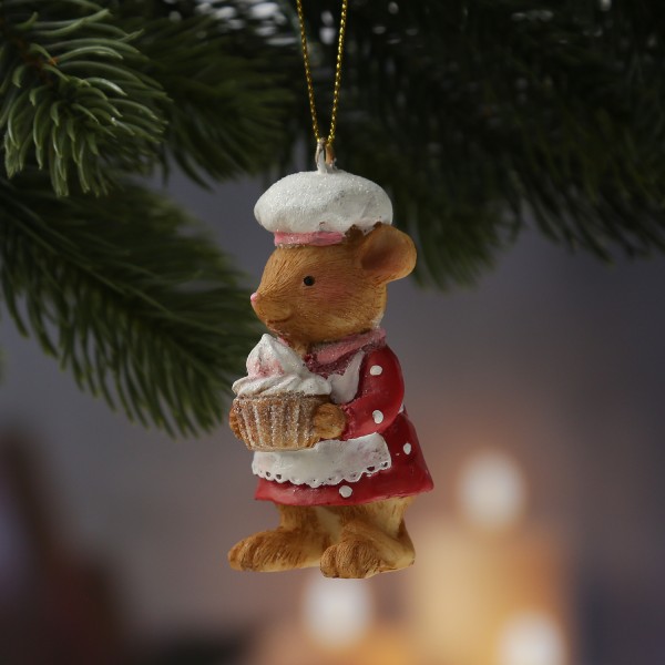 Weihnachtsbaumschmuck Maus mit Törtchen - Christbaumschmuck - Polyresin - H: 8,5cm