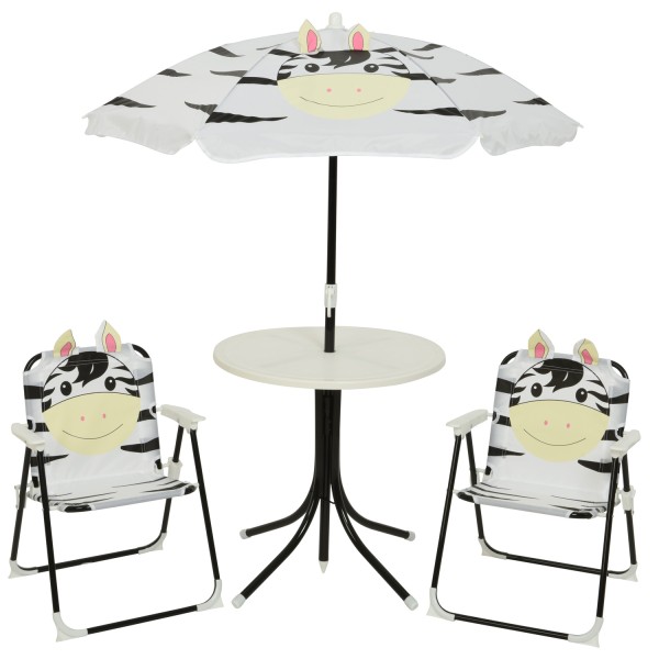 Kindersitzgruppe Zebra MARTY - 2 Stühle und Tisch mit Sonnenschirm - 4teilig - weiß, schwarz