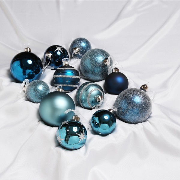 Christbaumkugel - Weihnachtsbaumkugel - Glas - 3 Größen - glänzend matt glitzernd - blau - 12er Set