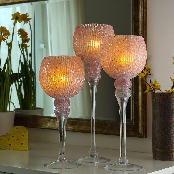 Kerzenhalter Kelch - Windlicht - Glas - H: 30,5cm/34,5cm/40cm - glitzernd - rosa - 3er Set