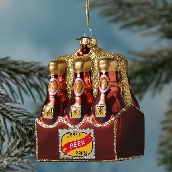 Weihnachtsbaumschmuck SIXPACK Craftbeer - Glas - inkl. Aufhänger - H: 11,7cm - braun, gold