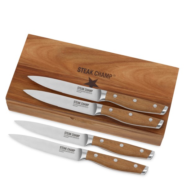 STEAK CHAMP Steakmesser 4er Set - Akazienholzgriffe - in Massivholz Geschenkbox