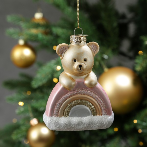 Weihnachtsbaumschmuck Teddybär mit Regenbogen - Christbaumschmuck - Glas - H: 13,5cm - rosa