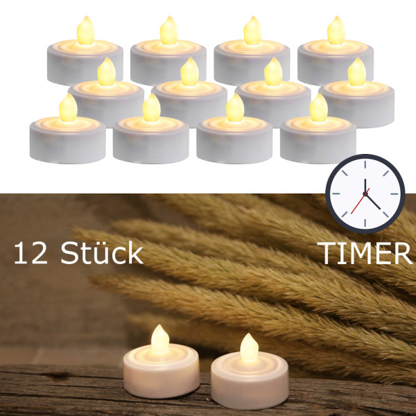 LED Teelichter - warmweiß flackernde Flamme - inkl. Batterien - Timer - D: 3,6cm - weiß - 12er Set