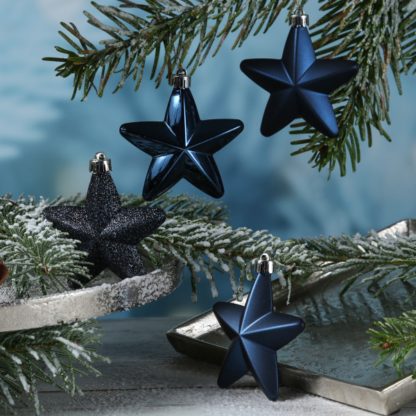 Christbaumschmuck STERN - Weihnachtsbaumschmuck - bruchfest - H: 7,5cm - dunkelblau - 6er Set