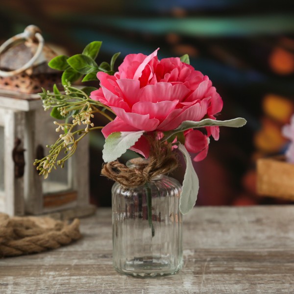 Kunstblumenstrauß in Mini Glasvase - Pfingstrose und Hortensie in Blumenvase - H: 20cm - pink