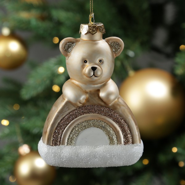 Weihnachtsbaumschmuck Teddybär mit Regenbogen - Christbaumschmuck - Glas - H: 13,5cm - braun