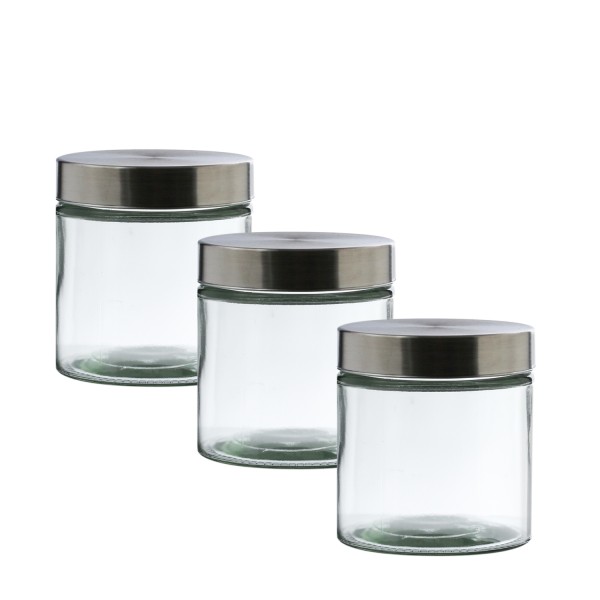 Vorratsdose S - Glas mit Edelstahldeckel - 0,85 Liter - D: 11cm - H: 12cm - 3er Set