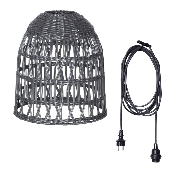 Lampenschirm BELL wetterfest - Rattan-Optik - mit E27 Kabelfassung - D: 30cm/H: 33cm - grau