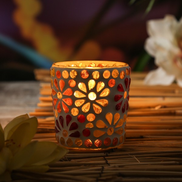 Windlicht Mosaik Glas - Teelichthalter - Blumen Motiv - H: 7cm - D: 7cm - bunt