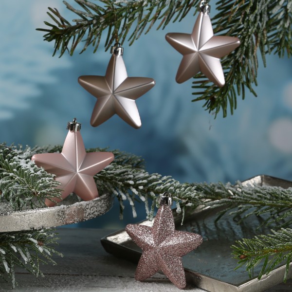 Christbaumschmuck STERN - Weihnachtsschmuck - bruchfest - glänzend matt glitzernd - puderrosa - 6St