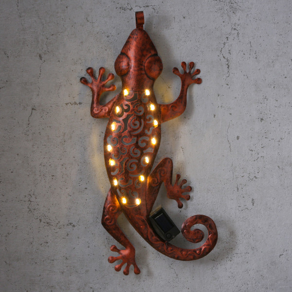 LED Solar Wanddeko GECKO - 15 warmweiße LED - H: 46cm - Dämmerungssensor - kupfer