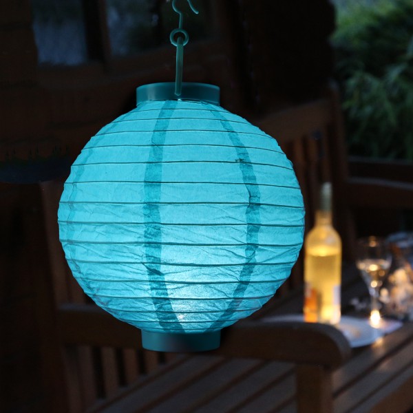 LED Lampion FESTIVAL - kaltweiße LED - D: 20cm - Montagehaken - türkis