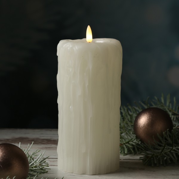 LED Kerze mit Wachstropfen - Kirchenkerze - flackernde 3D Flamme - Timer - H: 19,5cm - creme