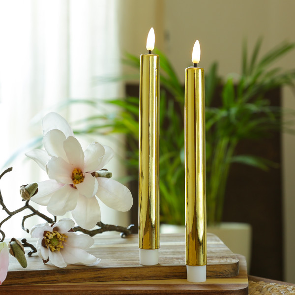 LED Stabkerzen - Tafelkerzen aus Kunststoff - H: 25cm - Timer - gold glänzend - 2er Set