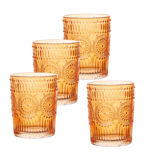 Trinkgläser Vintage mit Blumenmuster - Glas - 280ml - H: 10cm - Bohostil - orange - 4er Set