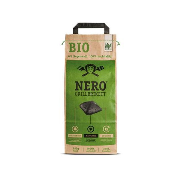 NERO BIO Grill Holzkohle Briketts - 2,5kg Sack - Garantiert ohne Tropenholz - Holz aus Deutschland