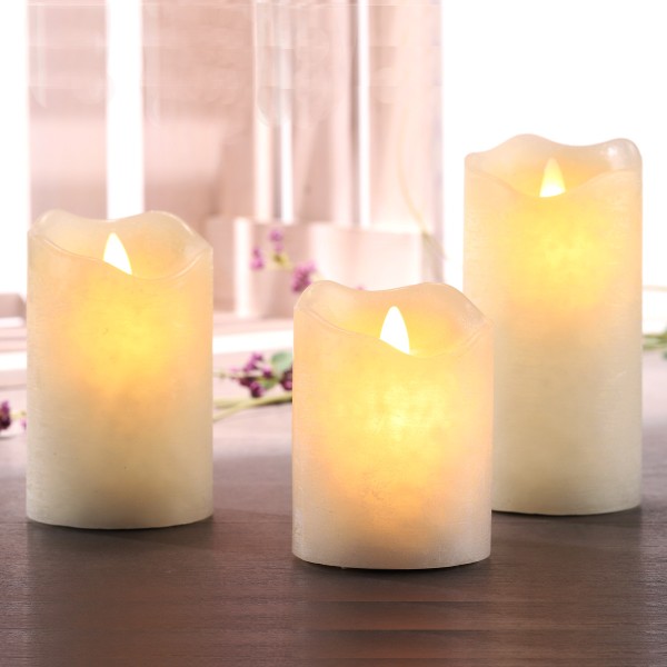 3er Set LED Echtwachs Kerzen mit bewegter Flamme und 4h/8h Timer