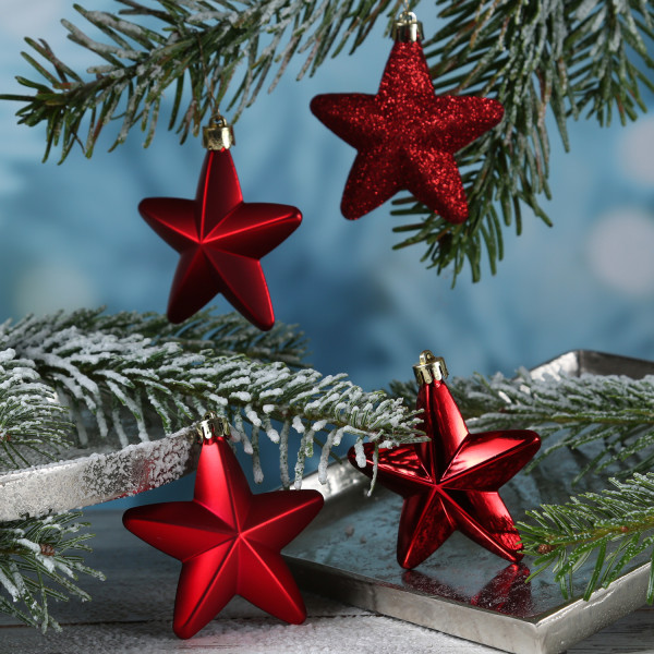 Christbaumschmuck STERN - Weihnachtsbaumschmuck - bruchfest - H: 7,5cm - rot - 6er Set