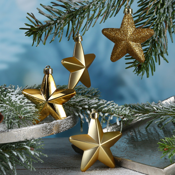 Christbaumschmuck STERN - Weihnachtsbaumschmuck - bruchfest - H: 7,5cm - gold - 6er Set