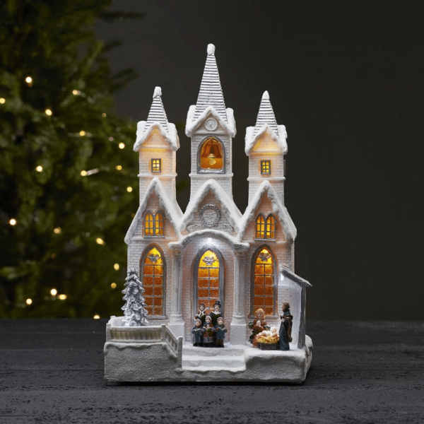 LED-Leuchthaus "Salisbury" - Winterkirche - 8 Weihnachtsmelodien - 9 warmweiße LED - H: 37cm - weiß