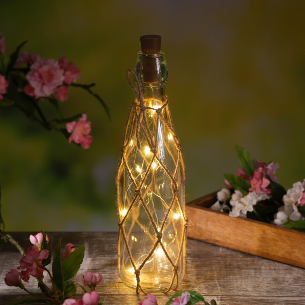 LED Dekoflasche mit Juteseil und LED Drahtlichterkette - Leuchtflasche - H: 28cm - transparent