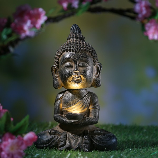 LED Solar Buddha mit Wackelkopf - Gartenfigur - Polyresin - H: 19cm - Dämmerungssensor - anthrazit