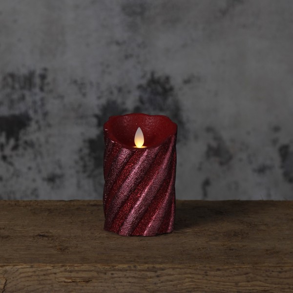 LED Kerze GLIM - Echtwachs - warmweiße LED - H:13cm D:8cm - Timer - Batteriebetrieb - weinrot