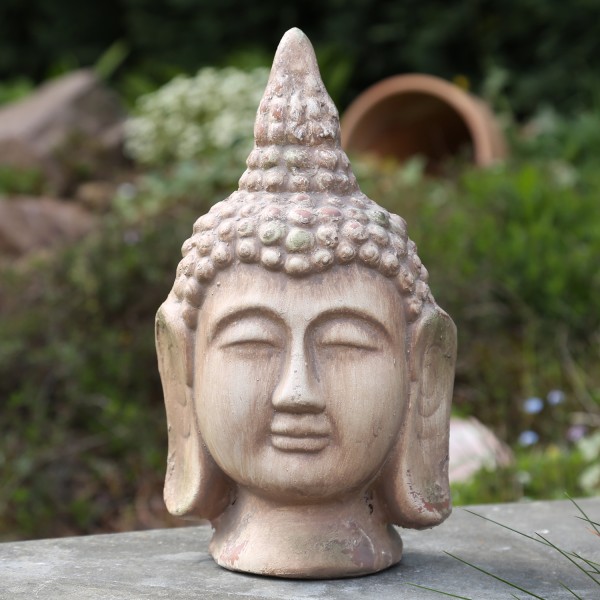 Buddhakopf Frau - Dekofigur - Magnesia - H: 31cm - für Außen - kupferfarben