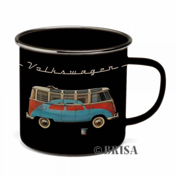 VW Collection Emaille Tasse "BLACK BULLI" - 500ml - mit Edelstahlrand