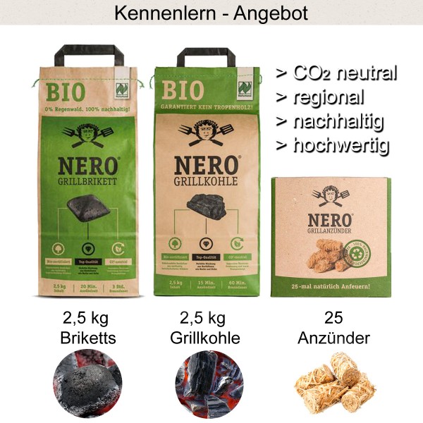 NERO Kennenlern Set - 2,5kg BIO Holzkohle, 2,5kg BIO Grillbriketts, 25 Anzünder aus Holzwolle