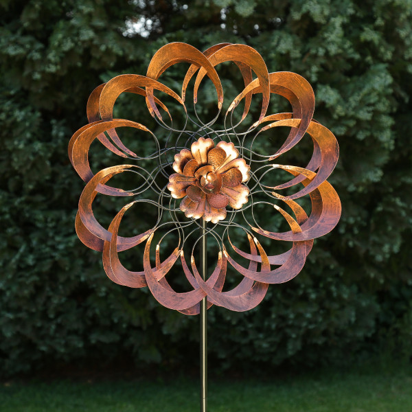 XXL Doppel Windrad ANTIK - Gartendeko - Metall - Erdspieß - H: 1,80m - kupferfarben