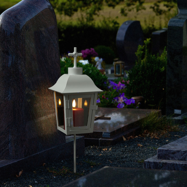 Grablaterne mit Mini LED Kerze - Grablampe mit 2 wechselbaren Spitzen/Erdspieß - H: 51cm - weiß