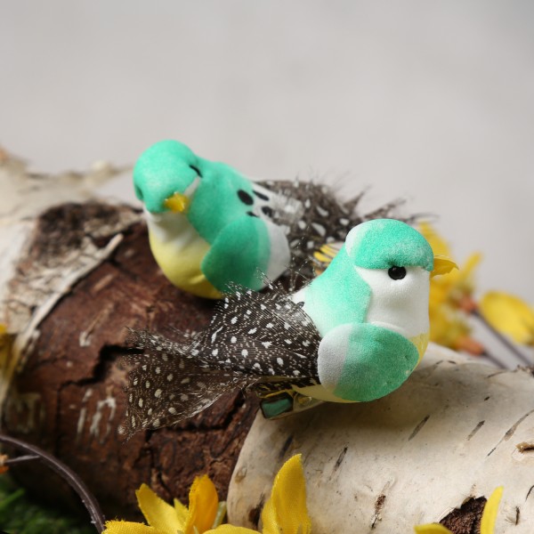 Mini Deko Vögel - mit Federn und Klammer - Schaumstoff - H: 2,5cm - mint - 2 Stück