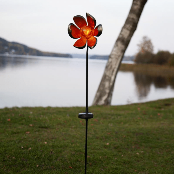 LED Solarstab "Flora"- schwarz - amber LED - Glaskugel in Blüte - H: 84cm - Dämmerungssensor