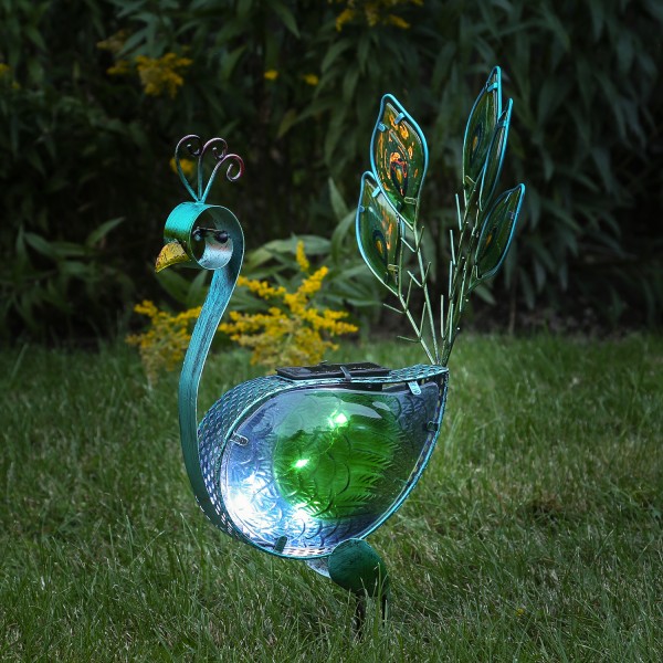 LED Solar Gartenfigur Pfau - 10 kaltweiße LED - H: 42cm - Dämmerungssensor - blau/grün