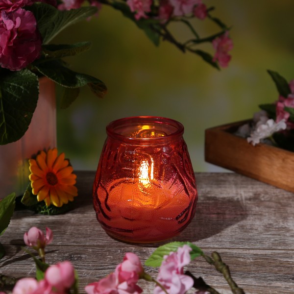 LED Kerze im Glas - LED Windlicht - Echtwachs - 3D Flamme - Timer - mit Batterie - H: 9,5cm - pink