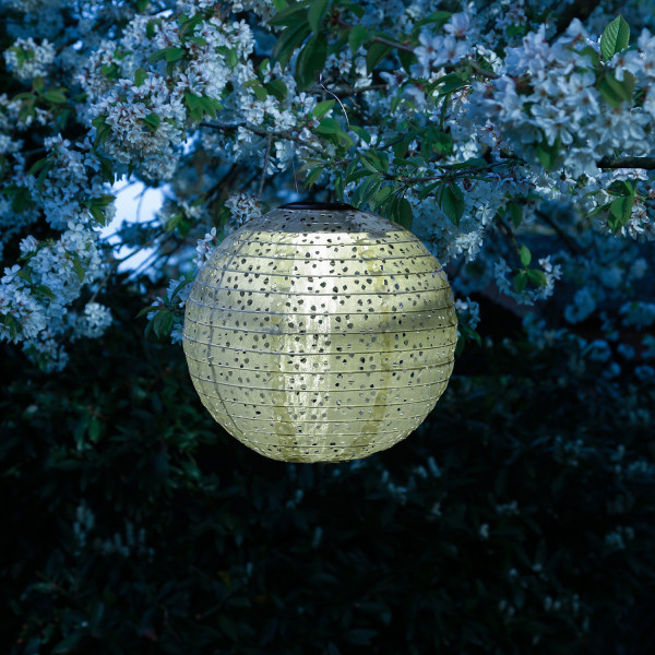 LED Solar Lampion - mit Blumenmuster - warmweiße LED - H: 25cm - D: 25cm - Lichtsensor - grün