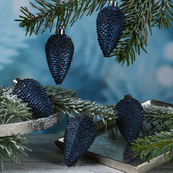 Christbaumschmuck ZAPFEN - Weihnachtsschmuck - bruchfest - glitzernd - H: 8cm - dunkelblau - 6er Set