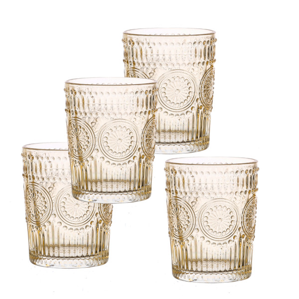 Trinkgläser Vintage mit Blumenmuster - Glas - 280ml - H: 10cm - Bohostil - gelb - 4er Set