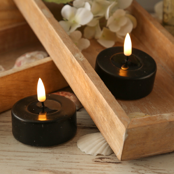 LED Maxi Teelichter MIA - Echtwachs - realistische 3D Flamme - D: 6,1cm - schwarz - 2 Stück