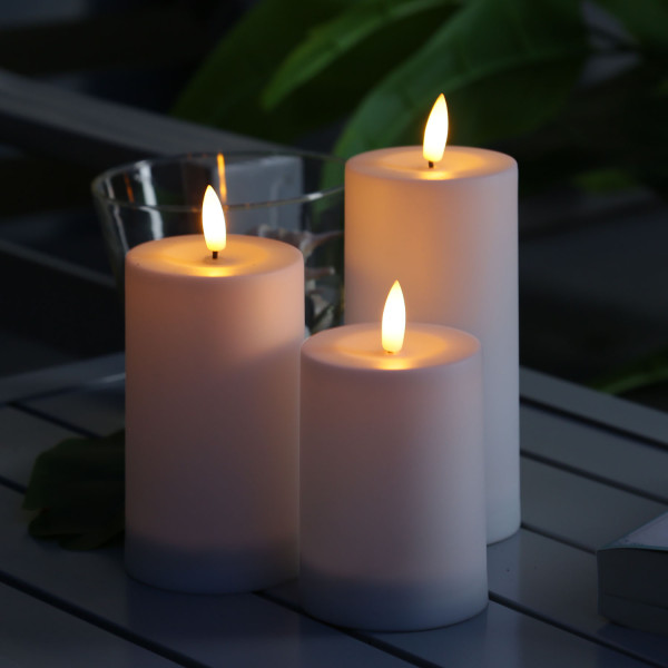 LED Solar Kerzen - Kerzenset Outdoor - 3 Größen - D: 7,5cm - Dämmerungssensor - für Außen - weiß