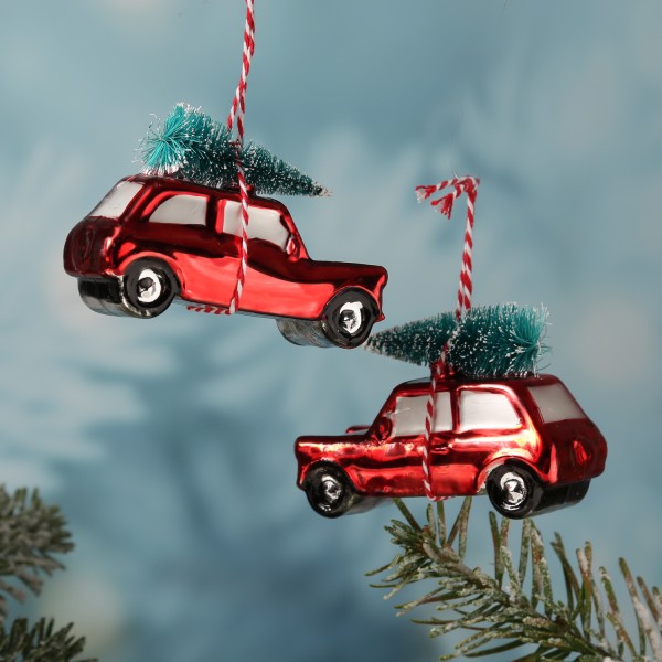 Weihnachtsbaumschmuck - Mini Autos mit Tannenbaum - Glas - inkl. Aufhänger - H: 7cm - 2er Set - rot