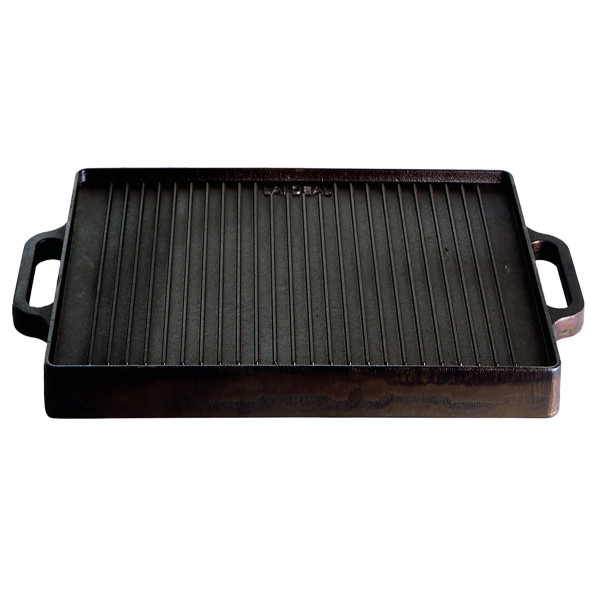 Plancha Grillplatte - mit 2 Griffen - Gusseisen - Wendeplatte geriffelt und glatt - 38 x 38cm