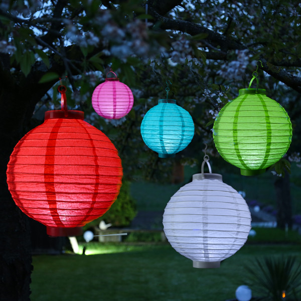 LED Lampion - kaltweiße LED - D: 30cm - Montagehaken - Batteriebetrieb - 5er Set bunt