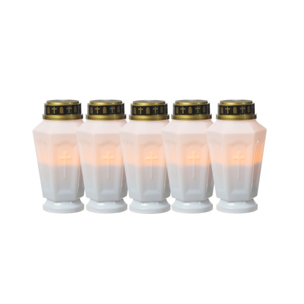LED Grablicht - Grabkerze - orange flackernd - Timer- H: 15,5cm - für Außen - weiß - 5er Set
