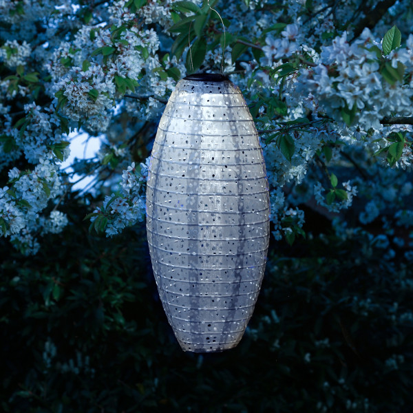 LED Solar Lampion oval - mit Blumenmuster - warmweiße LED - H: 40cm - D: 20cm - Lichtsensor - blau
