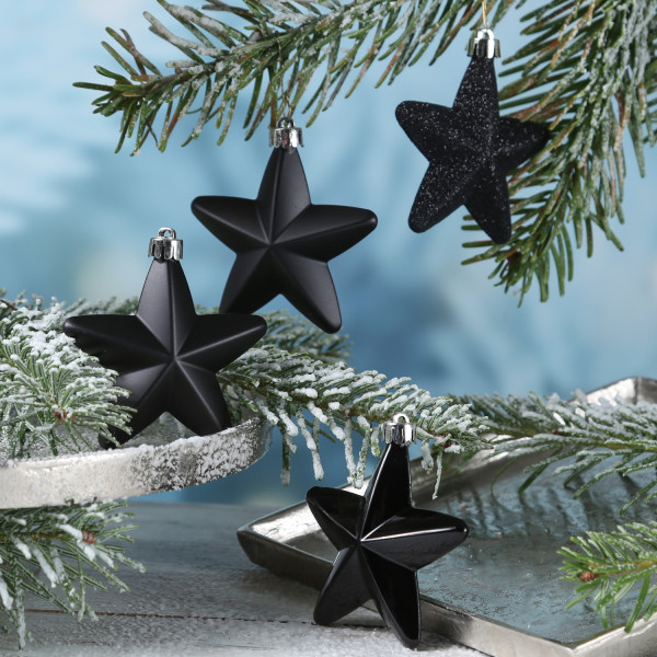 Christbaumschmuck STERN - Weihnachtsbaumschmuck - bruchfest - H: 7,5cm - schwarz - 6er Set