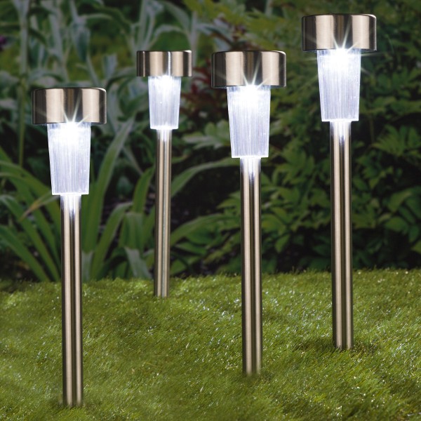 LED Solar Wegleuchte mit Erdspieß - Edelstahl - kaltweiße LED - H: 36,5cm - Silber - 4er Set