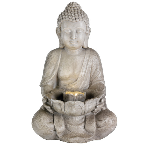 LED Brunnen Buddha - Gartenbrunnen - GRC Beton - 6 warmweiße LED - H: 45cm - Außen - grau